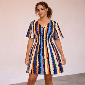 Culture V-Neck Smocked Mini Dress | Colorful Stripe Print Flutter Sleeve Boho